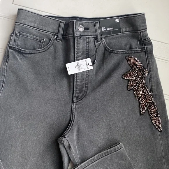 NWT Express Super High Waisted Black Beaded Side Slim Jeans 6R - Picture 9 of 10